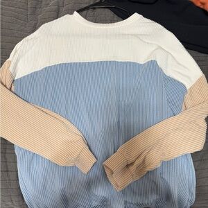 Colorblock Sweater with Blue and Tan Sleeves